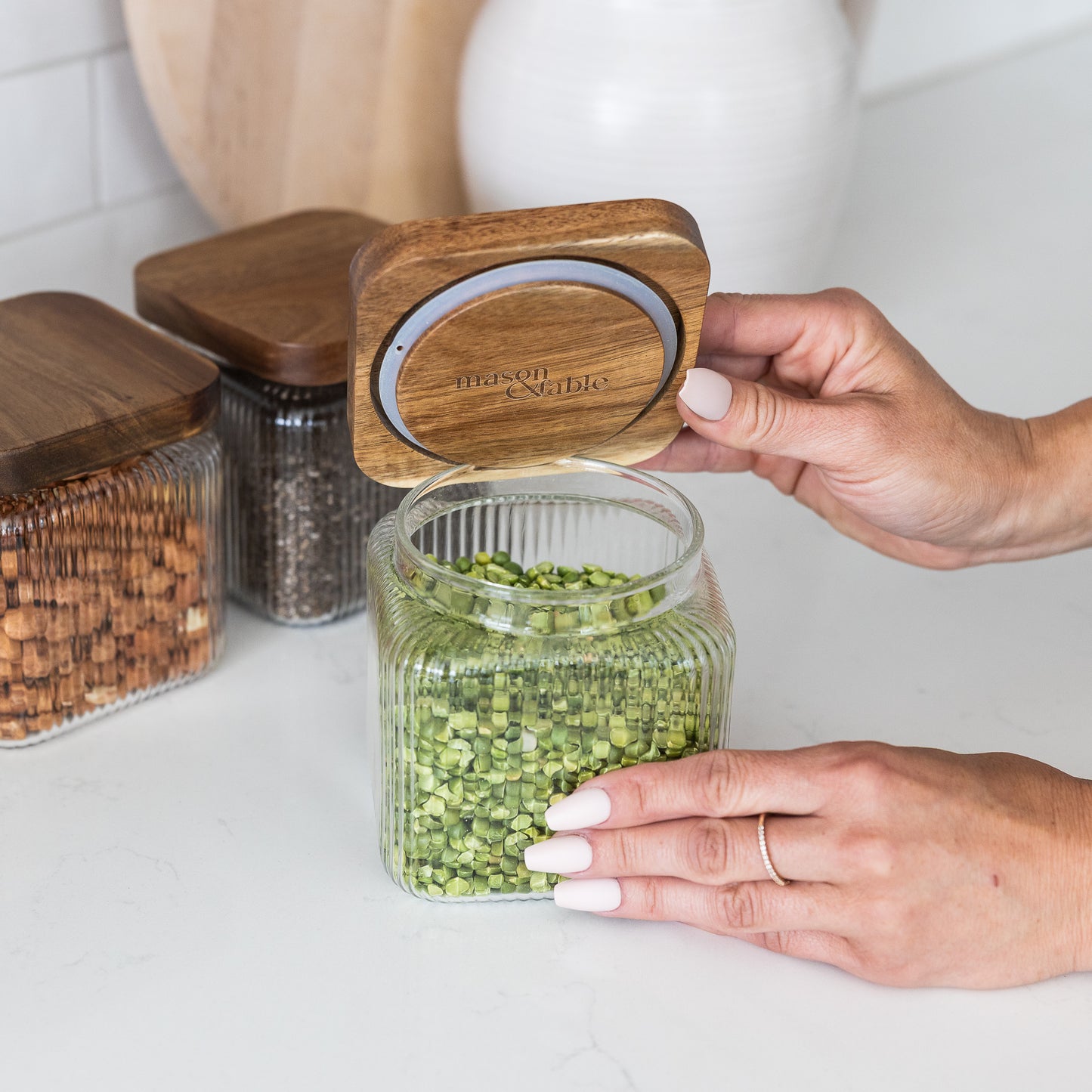 750ml-25 fl.oz Square Ribbed Glass Storage Jars with Airtight Wooden Lids - Set of 3