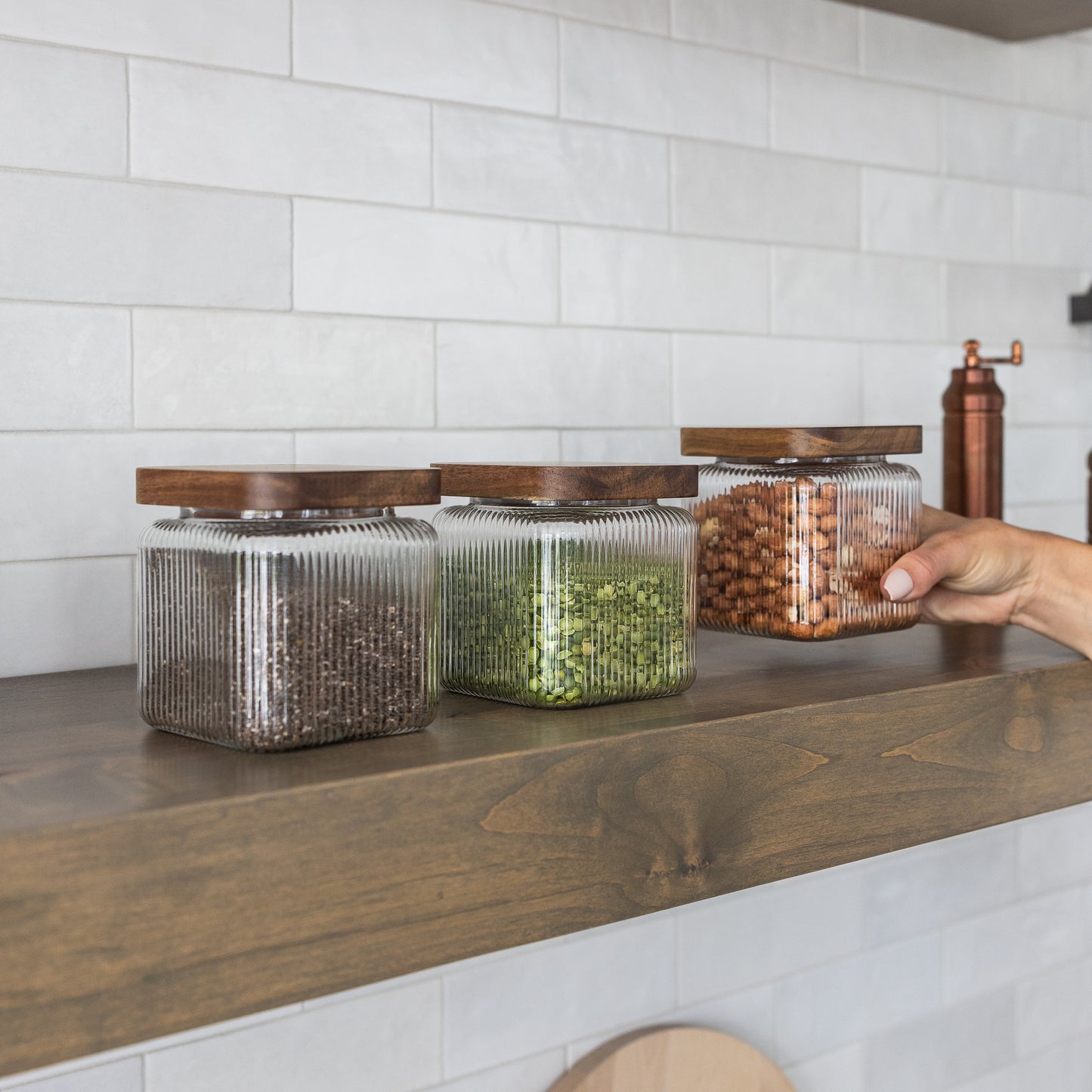 750ml-25 fl.oz Square Ribbed Glass Storage Jars with Airtight Wooden Lids - Set of 3