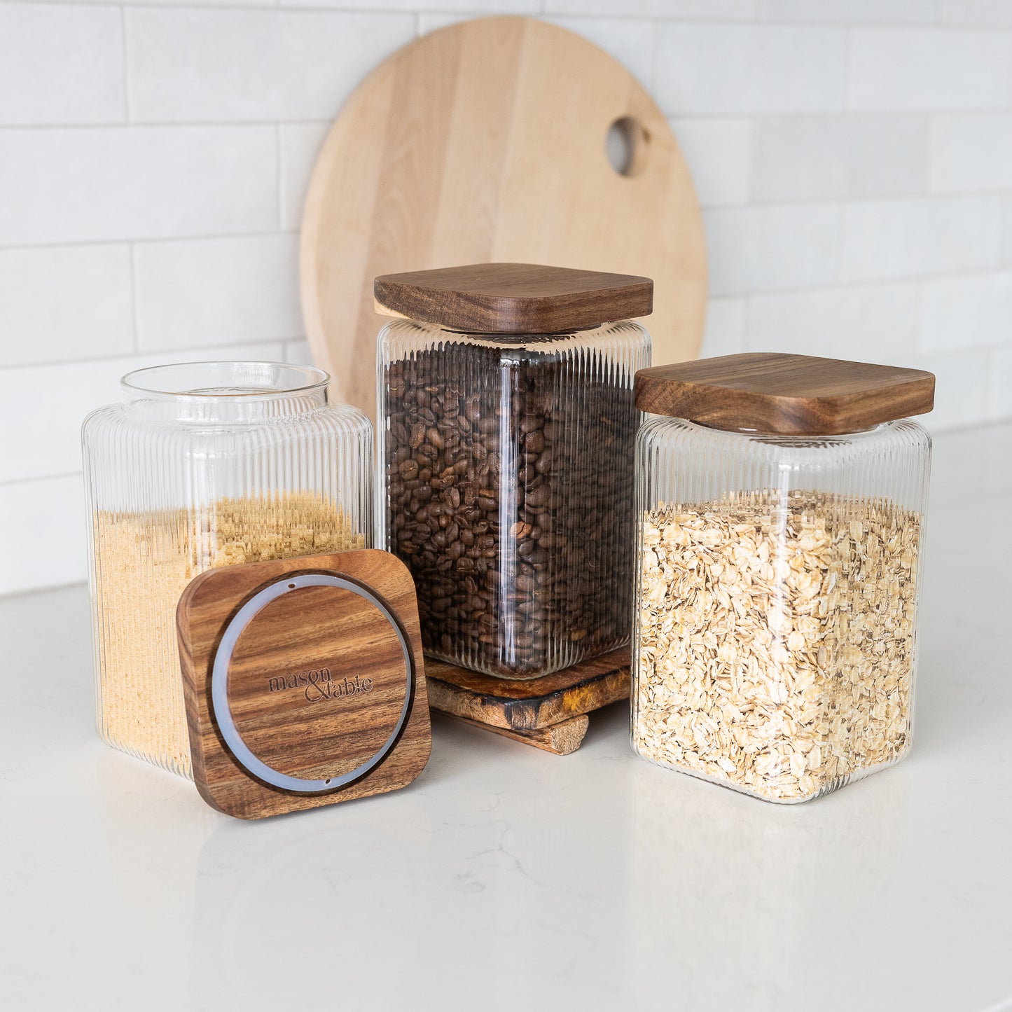 1350ml-45 fl.oz Square Ribbed Glass Storage Jars with Airtight Wooden Lids - Set of 3