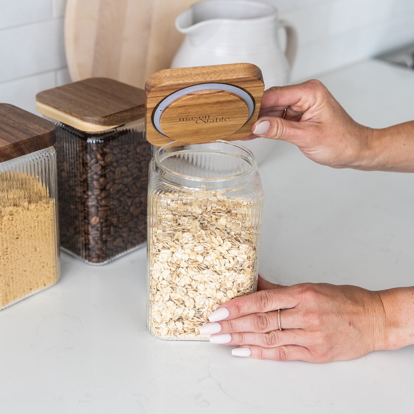 1350ml-45 fl.oz Square Ribbed Glass Storage Jars with Airtight Wooden Lids - Set of 3