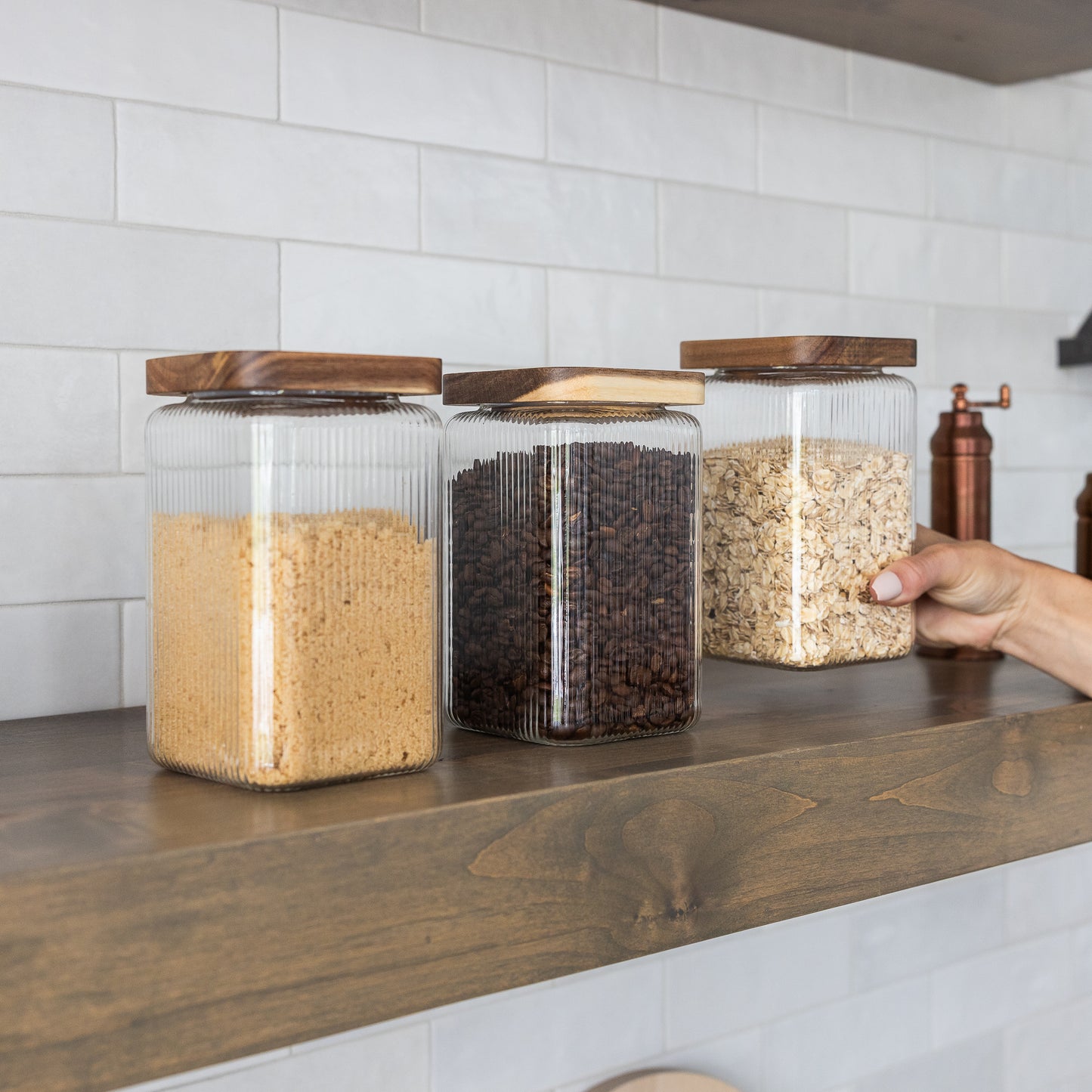 1350ml-45 fl.oz Square Ribbed Glass Storage Jars with Airtight Wooden Lids - Set of 3