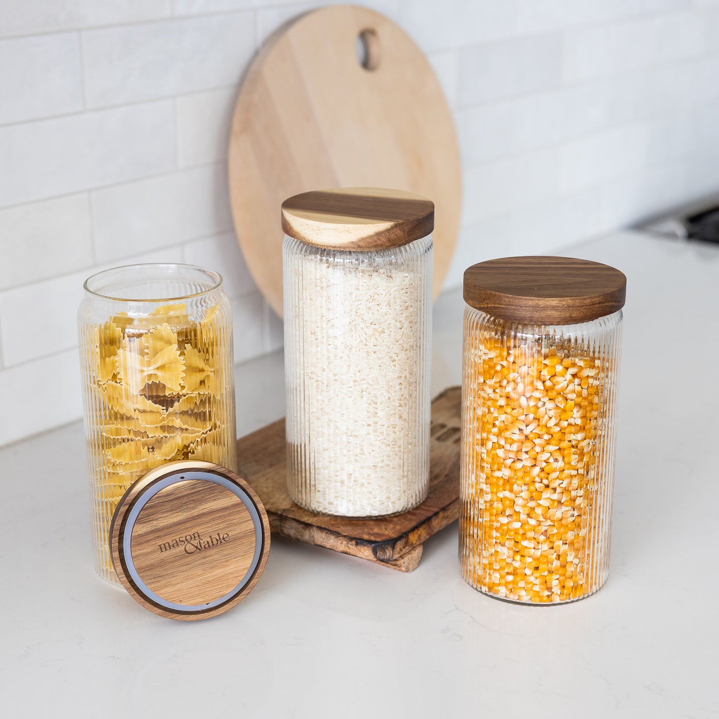 1300ml-44fl.oz Ribbed Glass Storage Jars with Airtight Wooden Lids - Set of 3
