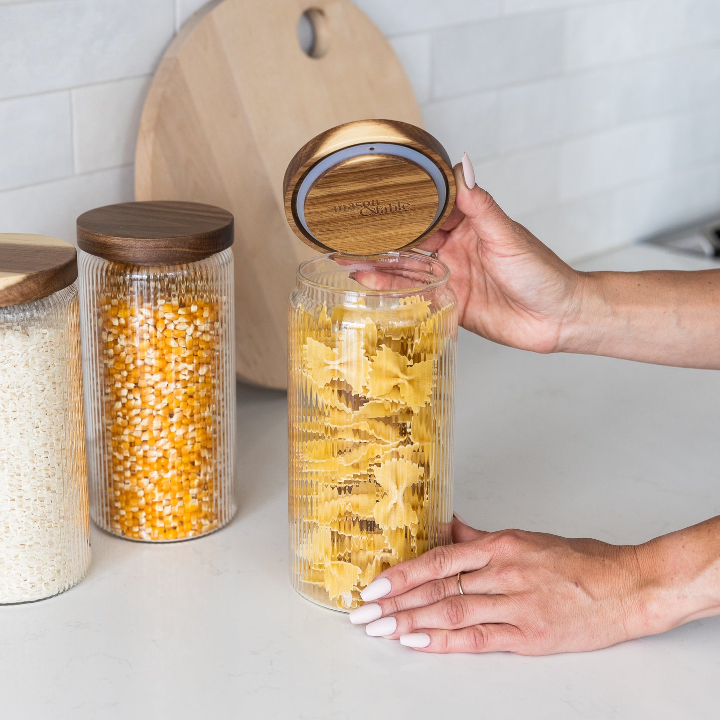 1300ml-44fl.oz Ribbed Glass Storage Jars with Airtight Wooden Lids - Set of 3
