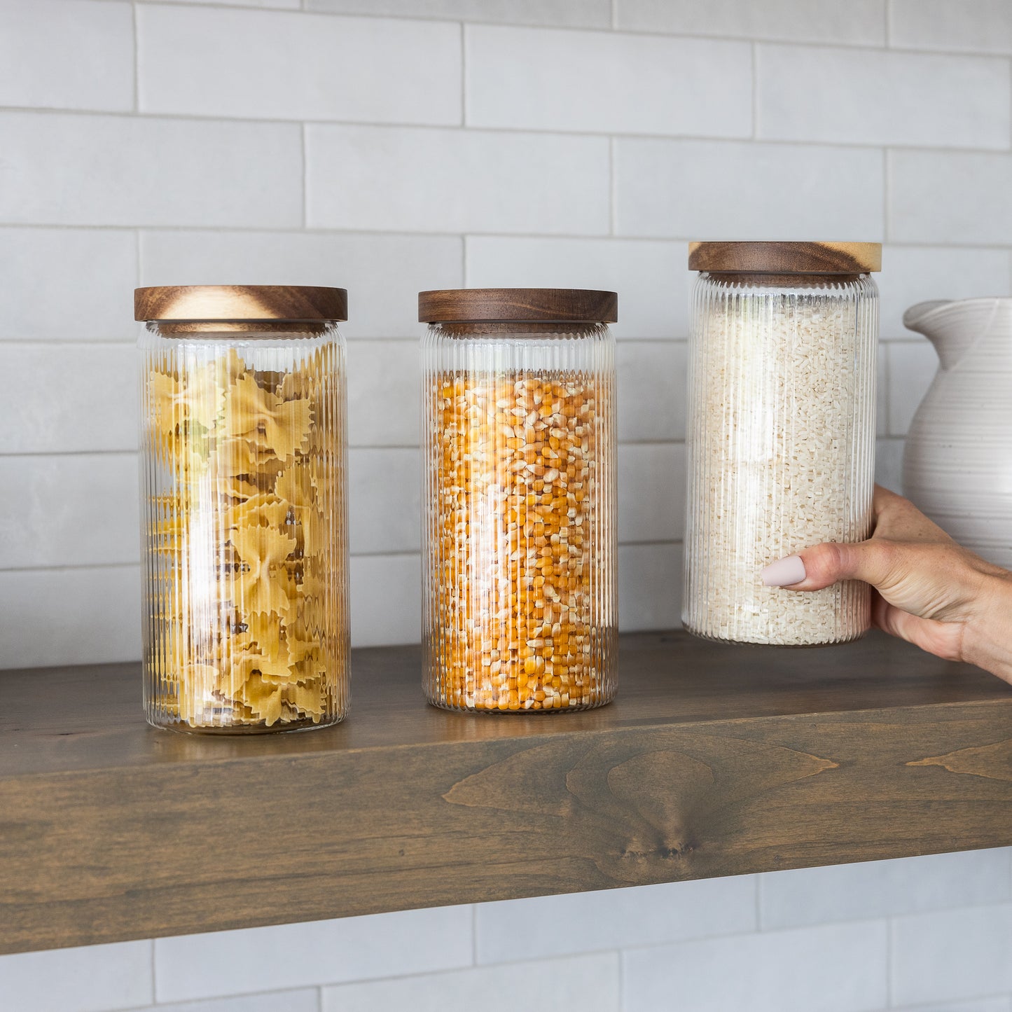 1300ml-44fl.oz Ribbed Glass Storage Jars with Airtight Wooden Lids - Set of 3