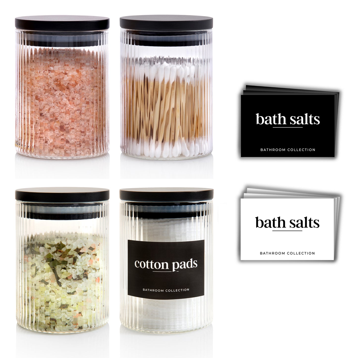 300ml-10 fl.oz Ribbed Glass Bathroom Jars with Airtight Black Bamboo Lids - Set of 4