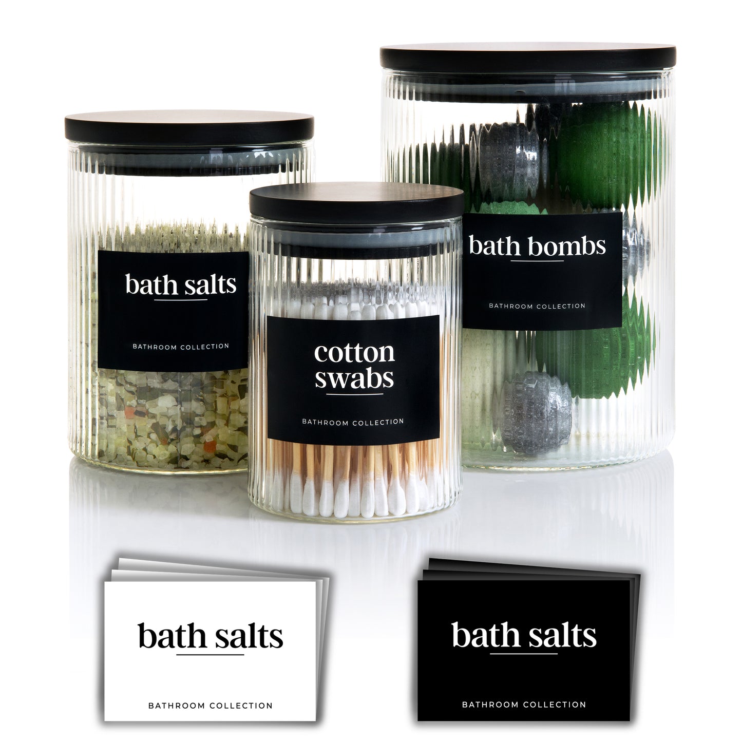 Set of 3 Multi-Size Ribbed Glass Bathroom Jars with Airtight Black Bamboo Lids -