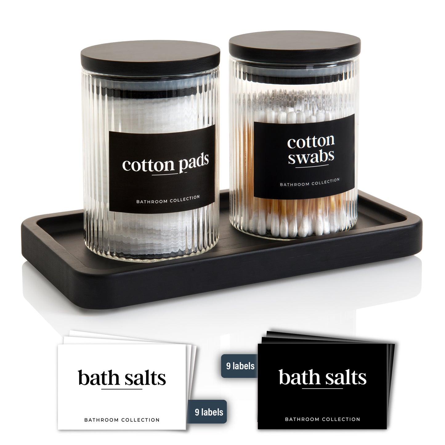 300ml-10 fl.oz Ribbed Glass Bathroom Jars with Airtight Black Bamboo Lids & Tray Set