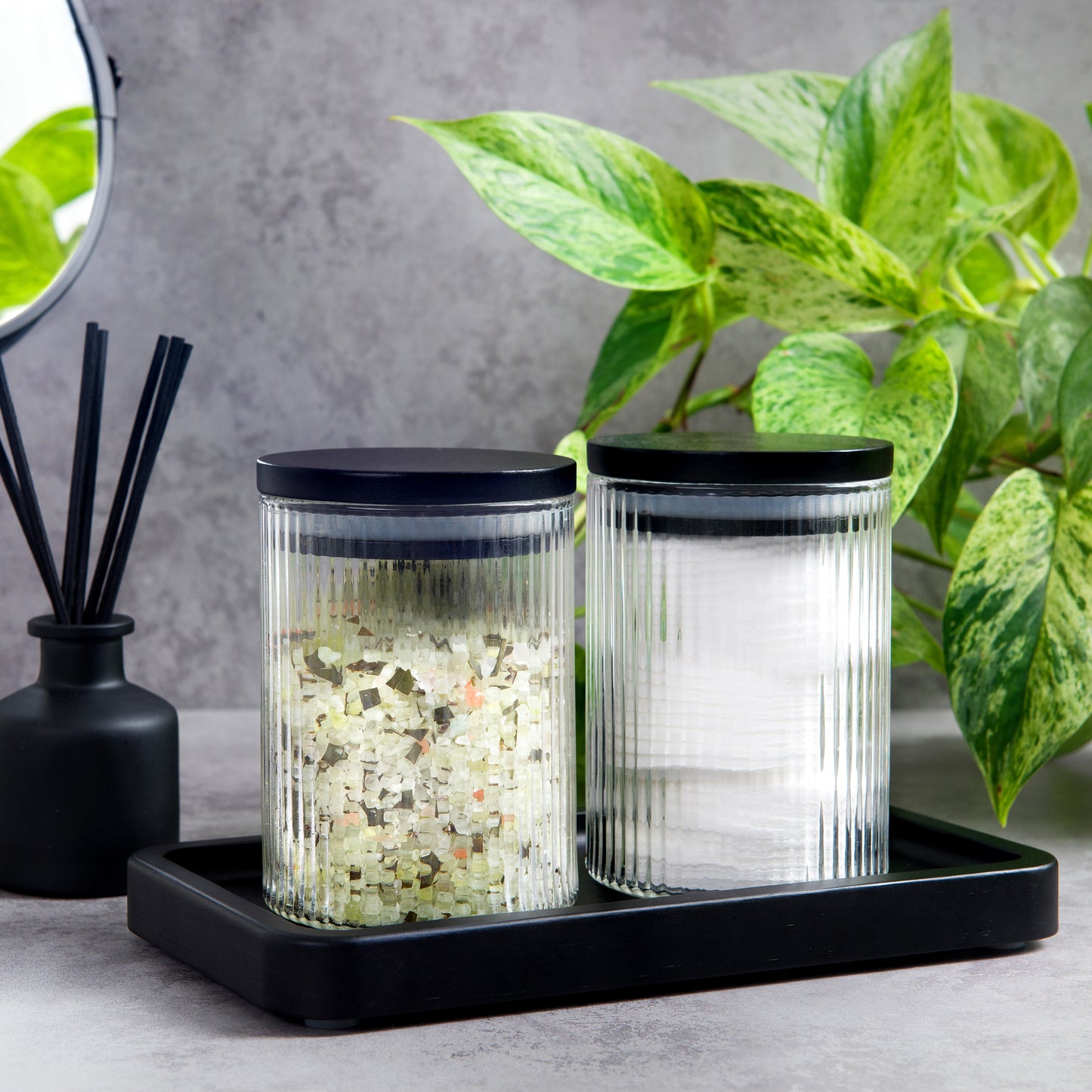 300ml-10 fl.oz Ribbed Glass Bathroom Jars with Airtight Black Bamboo Lids & Tray Set