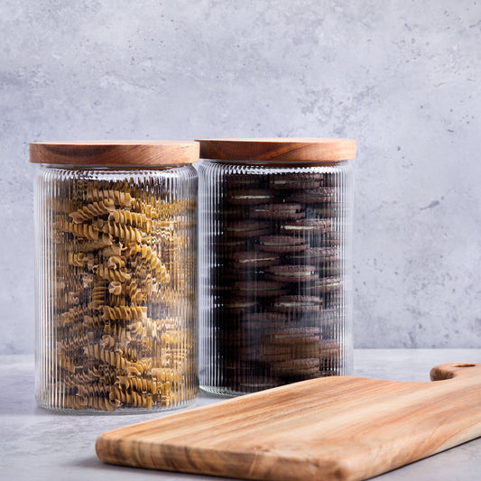 2.1L Ribbed Glass Storage Jars with Airtight Wooden Lids - Set of 2