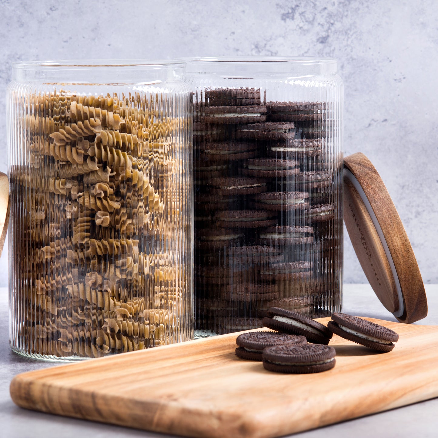 2.1L Ribbed Glass Storage Jars with Airtight Wooden Lids - Set of 2